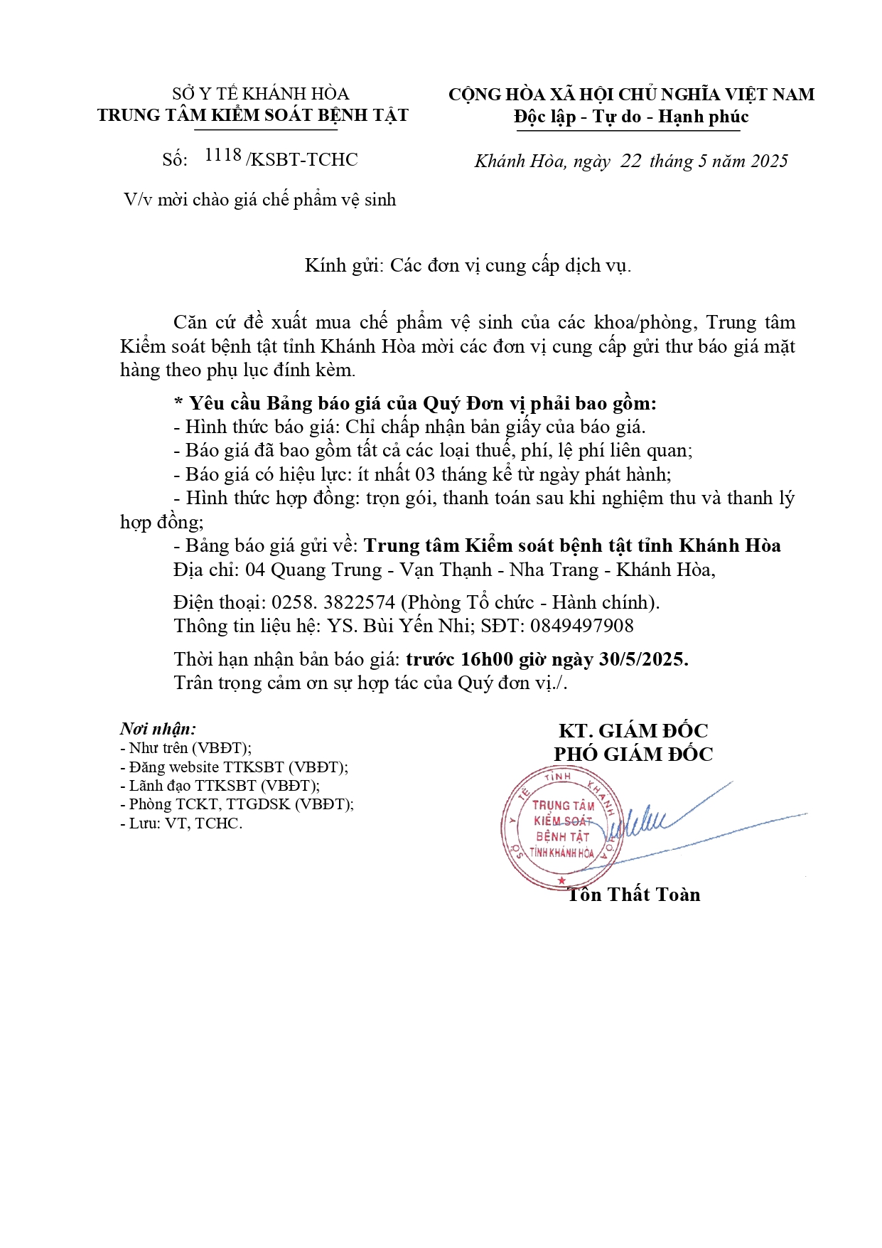 V/v mời chào giá chế phẩm vệ sinh